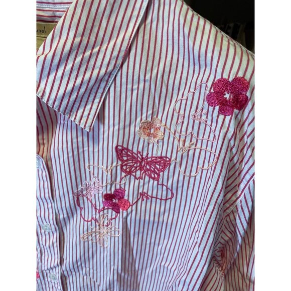 Bechamel Pink White Striped Floral Embroidered 3/4 Sleeve Button Up Top Sz XL - Picture 4 of 7